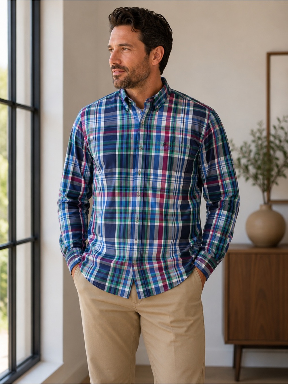 Chaps Plaid Button Down Shirt Men’s XXL Blue Green Red Cotton Classic Fit